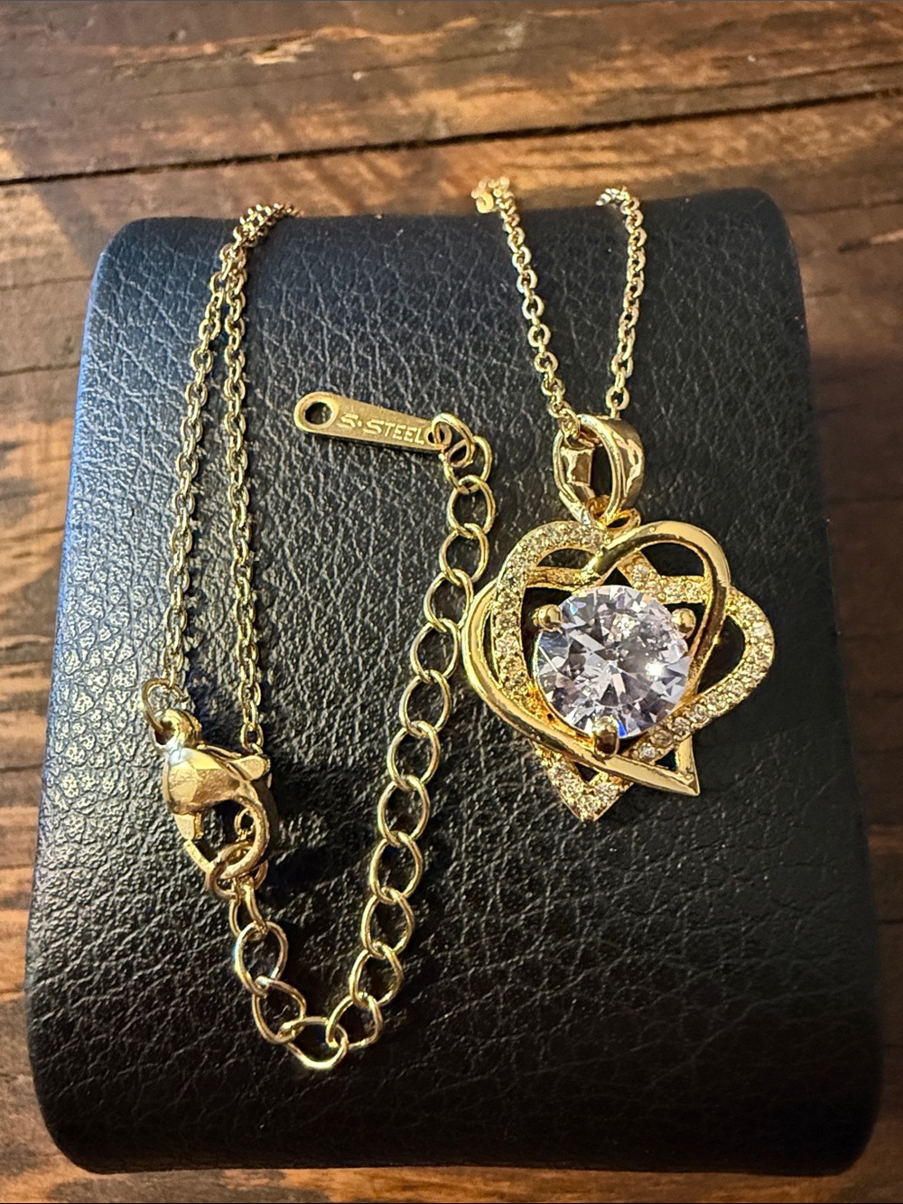 Gold plated On Stainless Steel Heart Pendant Necklace with Clear Cubic Zirconia